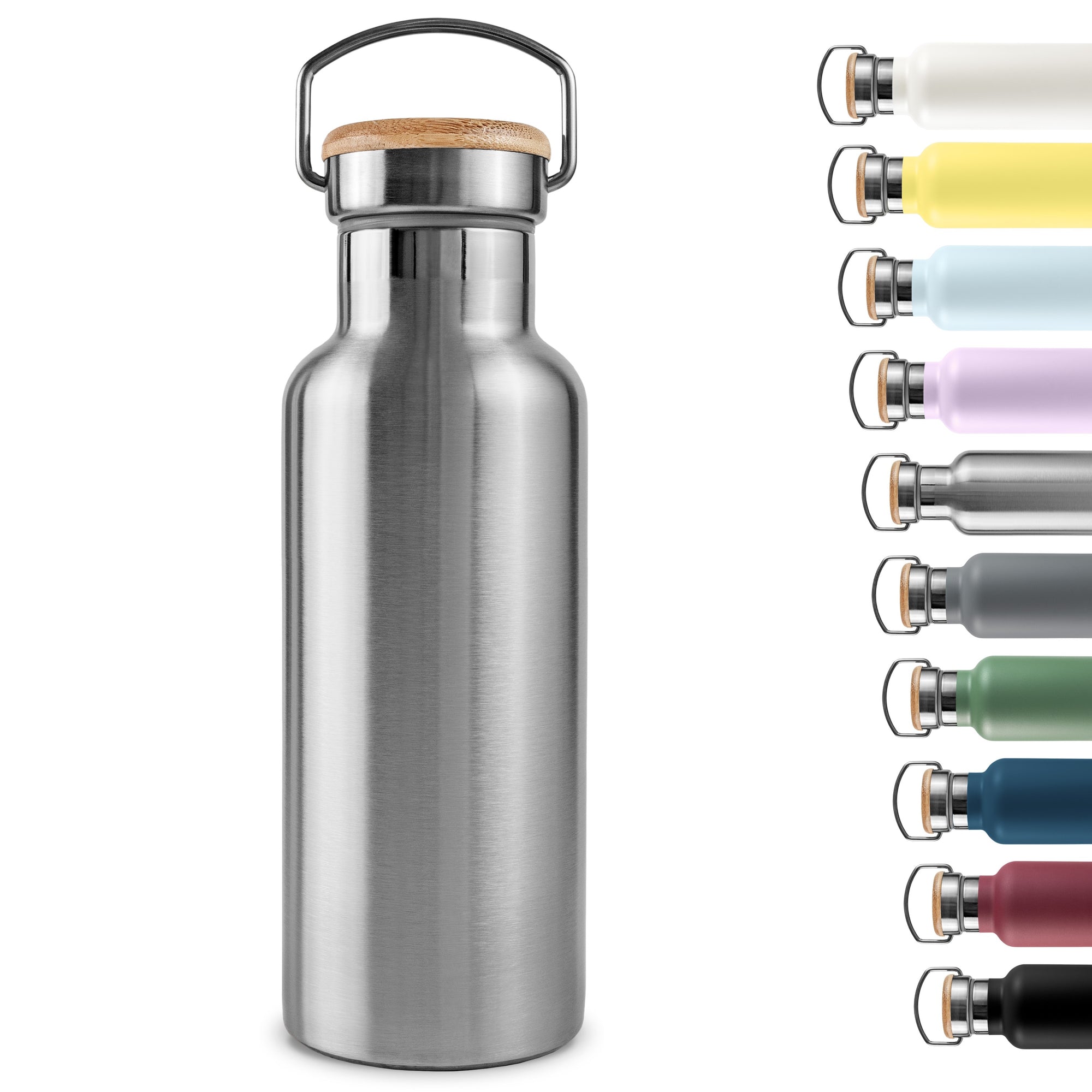 Bambaw stainless steel insulated water bottle with colour range variation display on a white background