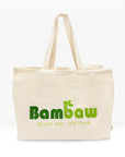 A beige cotton tote bag with the Bambaw brand logo printed in green. The bag has long handles and is displayed against a white background.