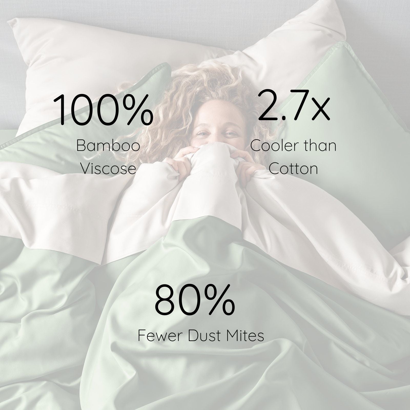 Person lying in bed with text highlighting bamboo viscose properties