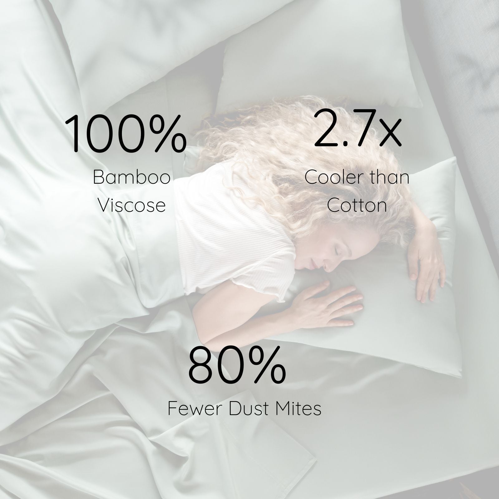 Person lying on a white satin sheet with text highlighting properties of bamboo viscose fabric.