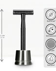 bambaw Black safety razor with measurements and feature icons on a white background