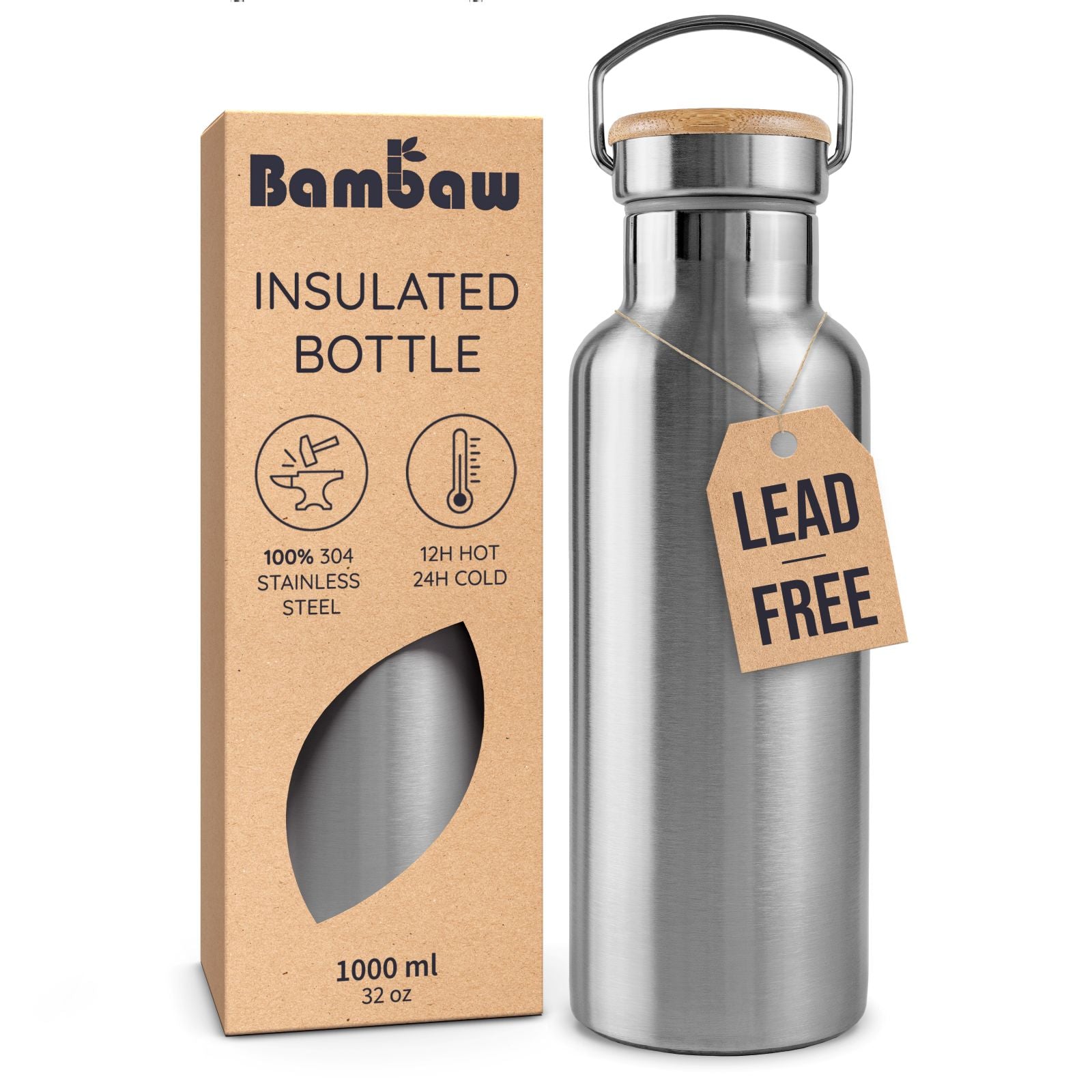 Bambaw insulated bottle with packaging and 'Lead Free' tag on a white background