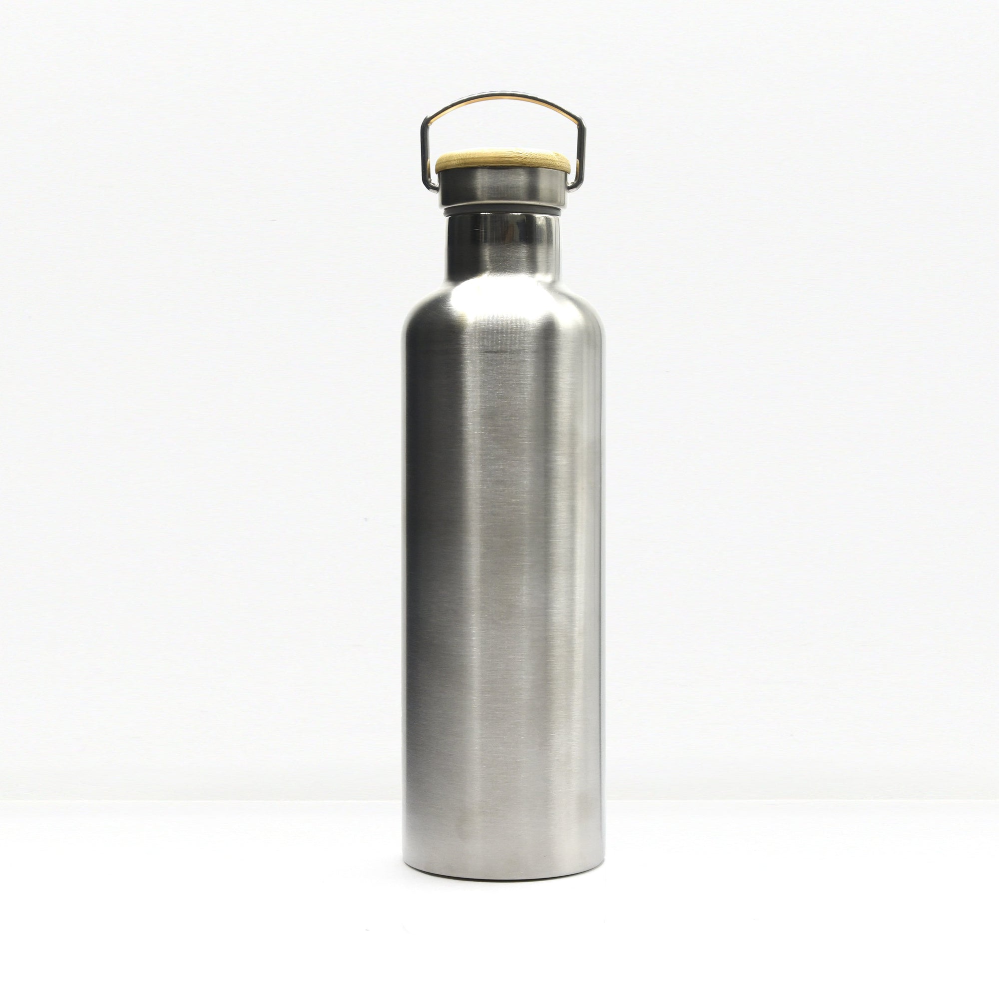 Bambaw stainless steel insulated water bottle with a bamboo lid and a carrying loop on top.