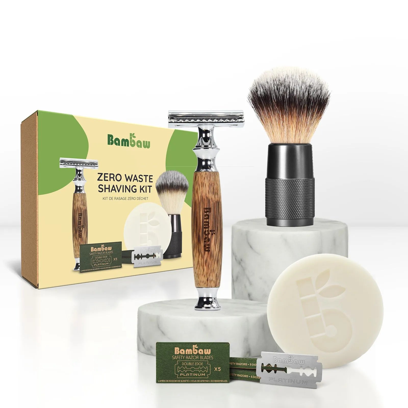 Bambaw Bamboo zero waste shaving kit with razor, brush, soap, and packaging on a white background