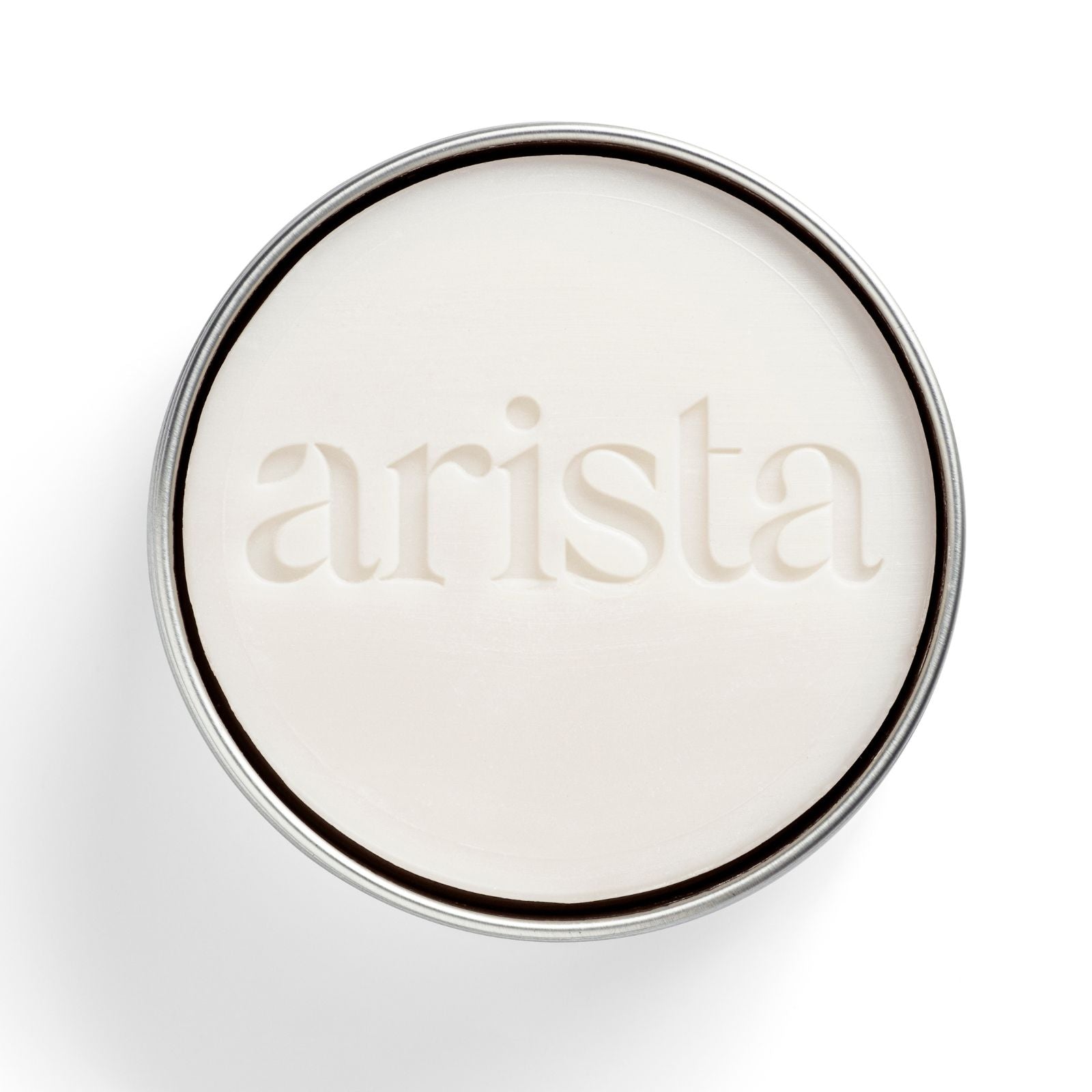 round shampoo bar holder box with shampoo bar inside with 'arista' branding on a white background