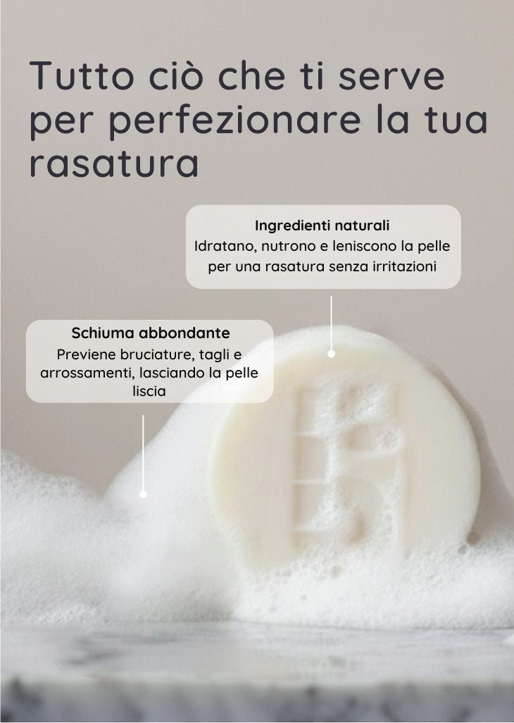 bambaw Bar of soap with text about shaving ingredients on a marble surface