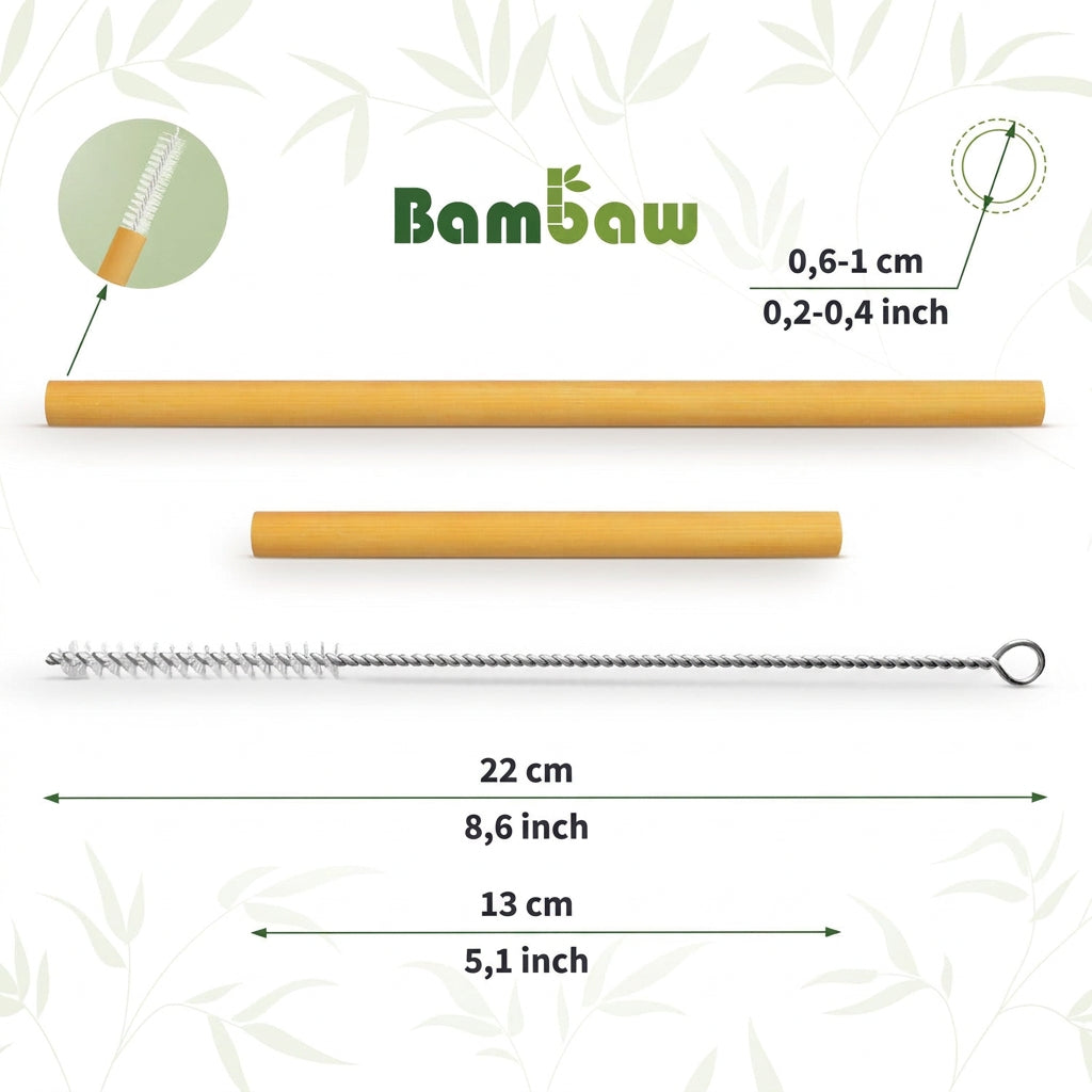 Single bamboo straw with a measurement diagram on a leafy patterned background